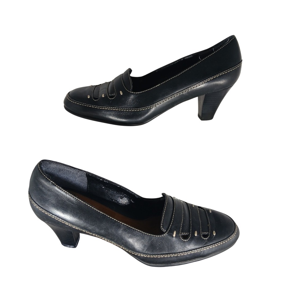 Aerosoles Crinkle In Time Black Leather Heeled Loafer Pumps Contrast Stitch 7.5B